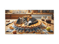 A canvas featuring a tranquil domestic scene with a contented cat napping atop an oversized pie in a warm, sunlit kitchen sprinkled with baking ingredients.