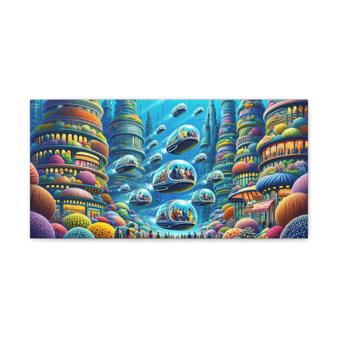 A futuristic canvas art depicting an underwater city with colorful, multi-tiered buildings and various vehicles traversing water-filled spaces.