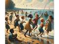 A canvas art depicting joyful children playing by a sun-kissed shore, with boats on the water and birds in the sky, evoking a sense of carefree childhood nostalgia.