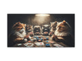 A canvas art depicting a humorous scene of various cats intently playing poker around a dark, moody table illuminated by a single overhead light.