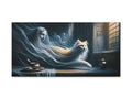 An ethereal canvas art piece depicting a spectral woman with flowing robes merging with a white, ghostly cat in a dimly lit room with bowls on the floor.