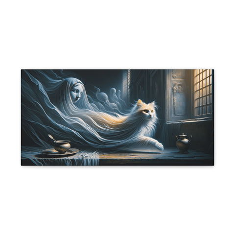 An ethereal canvas art piece depicting a spectral woman with flowing robes merging with a white, ghostly cat in a dimly lit room with bowls on the floor.