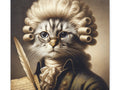 A whimsical canvas art piece portraying a cat with human-like features, adorned with a white wig, glasses, and regal attire, holding a quill pen.