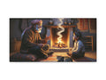 An illustrated canvas art depicting a warm and cozy scene where an elderly person and a child are engaged in conversation by a fireplace, with culinary pots above the flame and a cat sitting nearby.