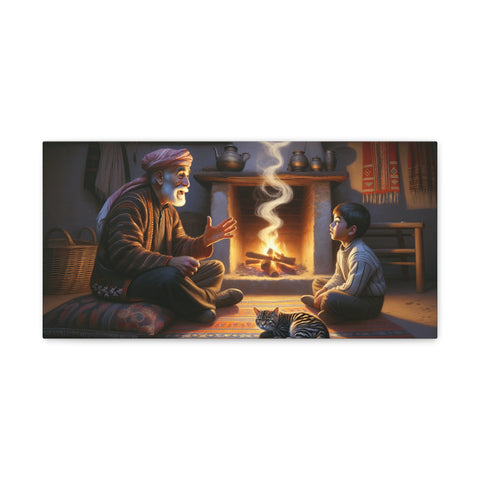 An illustrated canvas art depicting a warm and cozy scene where an elderly person and a child are engaged in conversation by a fireplace, with culinary pots above the flame and a cat sitting nearby.