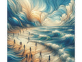 A canvas art depicting a stylized ocean scene with waves and surfers, designed with swirling lines and a soft color palette.