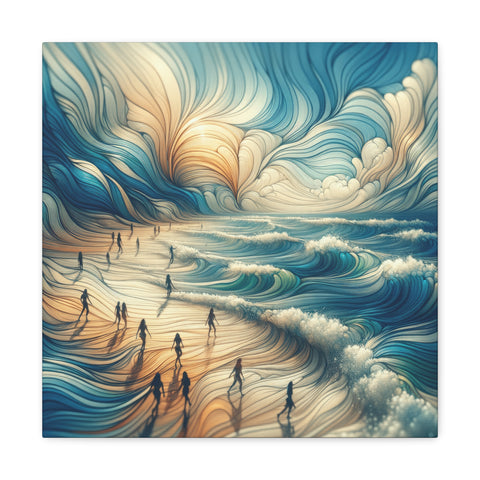 A canvas art depicting a stylized ocean scene with waves and surfers, designed with swirling lines and a soft color palette.