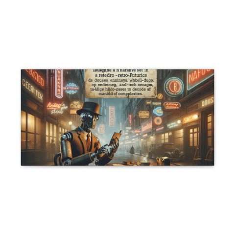 "Canvas art depicting a futuristic neon-lit street scene with retro-style signage and a robot walking amid an atmosphere of urban mystery and advanced technology."