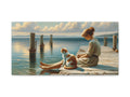A tranquil canvas art depicting a woman sitting on a wooden dock by the water, gazing pensively at the horizon while a cat sits beside her, both enjoying the calmness of a cloudy sky reflecting on the serene surface of the lake.
