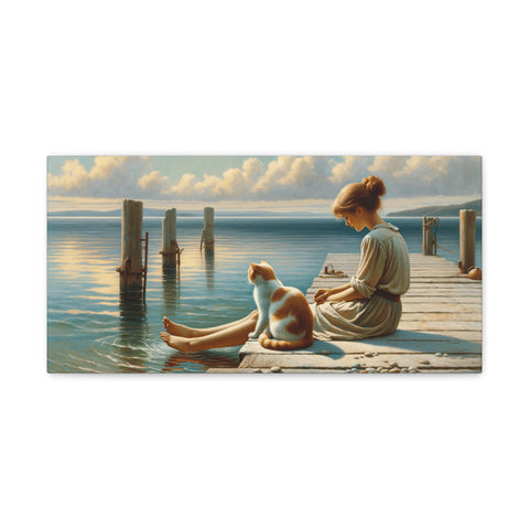 A tranquil canvas art depicting a woman sitting on a wooden dock by the water, gazing pensively at the horizon while a cat sits beside her, both enjoying the calmness of a cloudy sky reflecting on the serene surface of the lake.