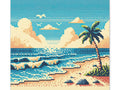 A canvas art piece depicting a pixelated tropical beach scene with blue skies, fluffy clouds, a palm tree, and waves washing onto the shore.