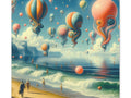 A canvas art piece depicting a surreal beach scene with whimsical, balloon-like objects floating in the sky and people strolling along the shore.