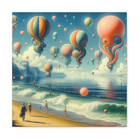 A canvas art piece depicting a surreal beach scene with whimsical, balloon-like objects floating in the sky and people strolling along the shore.