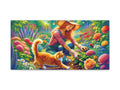 A colorful canvas art depicting a woman in a straw hat tending to a vibrant garden with a ginger cat beside her.