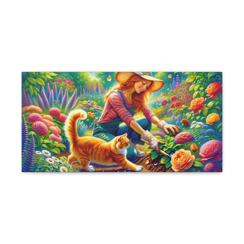 A colorful canvas art depicting a woman in a straw hat tending to a vibrant garden with a ginger cat beside her.