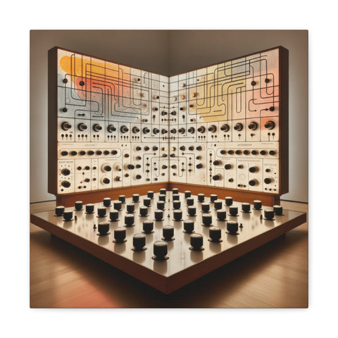 A visually intriguing canvas art piece featuring a large, open book-shaped panel resembling a complex electronic circuit board, with various lines and shapes, accompanied by an array of cylindrical objects arranged neatly below it.