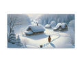 A canvas art depicting a tranquil winter scene with snow-covered cottages, bare trees, and a figure walking along a path with a dog.