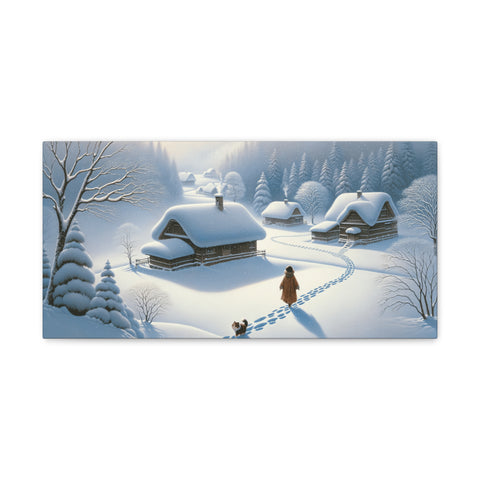 A canvas art depicting a tranquil winter scene with snow-covered cottages, bare trees, and a figure walking along a path with a dog.