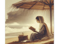 A canvas art depicting a serene scene of a woman reading a book under a straw umbrella on a sandy beach with gentle waves in the background.