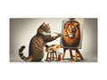 A whimsical canvas art piece depicting a tabby cat standing on its hind legs, painting a portrait of a majestic lion on an easel.
