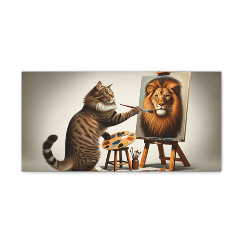 A whimsical canvas art piece depicting a tabby cat standing on its hind legs, painting a portrait of a majestic lion on an easel.
