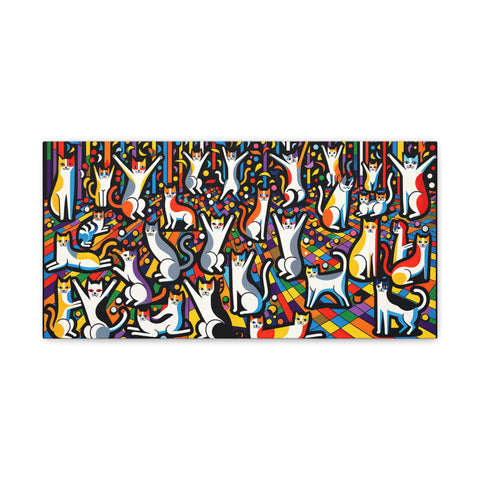 A vibrant and colorful canvas art piece featuring an abstract pattern with intertwining shapes and lines reminiscent of figures and symbols.