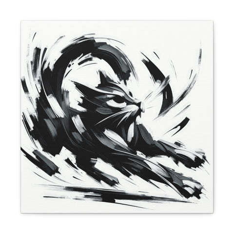 A black and white abstract canvas art featuring dynamic brush strokes creating a swirling and energetic composition.