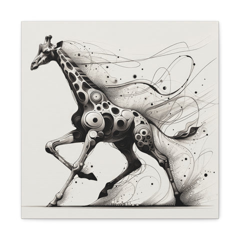 An abstract canvas art piece depicting a stylized giraffe with circular patterns on its body against a white background with swirling lines and dots.