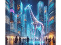 A digital canvas art piece depicting a glowing, neon-lit giraffe against a futuristic cityscape at night.
