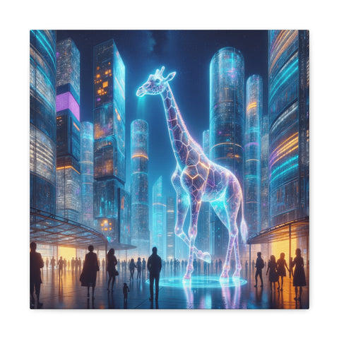 A digital canvas art piece depicting a glowing, neon-lit giraffe against a futuristic cityscape at night.