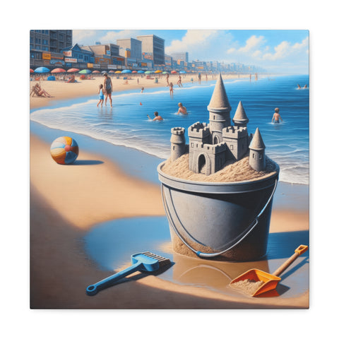 A canvas art depicting a detailed beach scene with a large sandcastle in a bucket in the foreground, and people enjoying the seaside in the background.