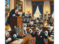 A whimsical canvas art piece depicting a group of cats in business attire conducting a serious meeting inside a formal chamber, with one standing at the podium.