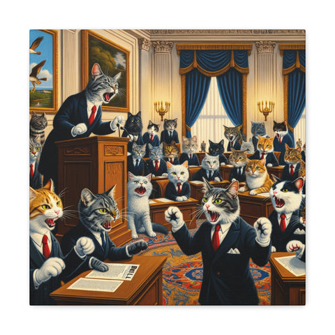 A whimsical canvas art piece depicting a group of cats in business attire conducting a serious meeting inside a formal chamber, with one standing at the podium.