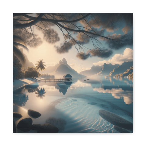 A canvas depicting a serene tropical landscape with a calm river reflecting the sky, surrounded by mountains, palm trees, and a hazy sunset glow.