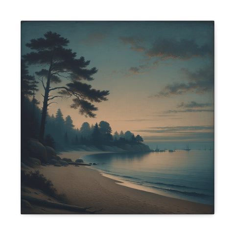 A canvas depicting a serene twilight scene with silhouetted pine trees overlooking a calm beach and a gentle sea under a cloud-streaked sky.