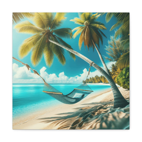 A tranquil canvas art depicting a serene tropical beach scene with a hammock strung between two palm trees, overlooking clear blue water under a bright sky.