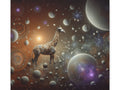 A canvas art depicting a surreal scene with a giraffe made of intricate patterns standing amidst a cosmos of floating spheres and glowing celestial bodies.