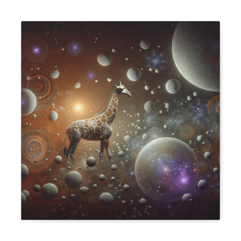 A canvas art depicting a surreal scene with a giraffe made of intricate patterns standing amidst a cosmos of floating spheres and glowing celestial bodies.