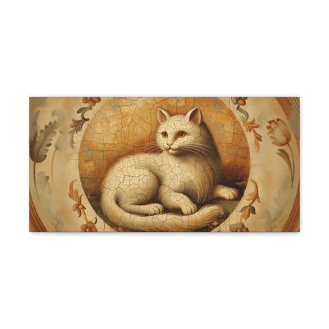 A canvas art piece depicting a stylized, plump cat lounging with an antique, crackled finish and ornate floral patterns bordering the sides.