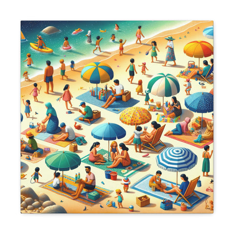A vibrant canvas art depicting a bustling beach scene filled with people engaging in various activities like sunbathing, swimming, and socializing, against a backdrop of sand, sea, and a starry sky.
