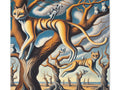 A surrealist canvas art depicting multiple cats with elongated bodies and oversized heads intertwined with and morphing into tree branches in an earth-tone colored landscape.