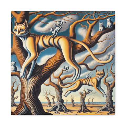 A surrealist canvas art depicting multiple cats with elongated bodies and oversized heads intertwined with and morphing into tree branches in an earth-tone colored landscape.
