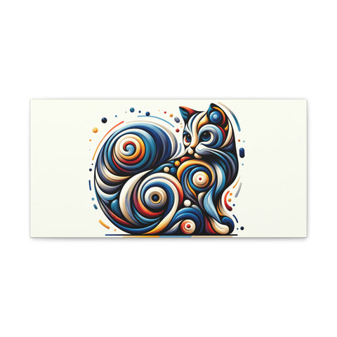 An abstract canvas art piece featuring a swirl-patterned design in blue, orange, and white that resembles a stylized fox.