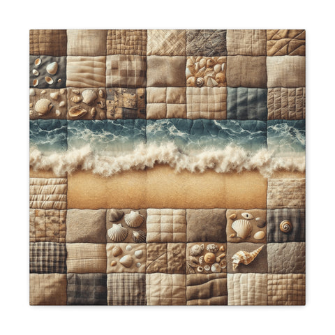 This canvas art features a patchwork of textured squares depicting elements of the beach including sand, pebbles, seashells, and a central band of frothy ocean waves.