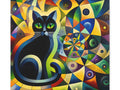 A canvas featuring an abstract, colorful geometric background with a stylized black cat sitting in the center.