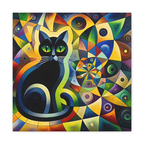A canvas featuring an abstract, colorful geometric background with a stylized black cat sitting in the center.