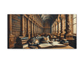 A canvas art depicting a serene and majestic library with towering bookshelves and an elegant tabby cat comfortably lounging on a large open book in the foreground.