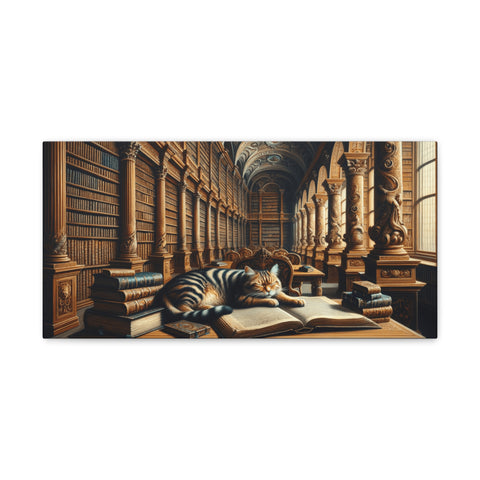 A canvas art depicting a serene and majestic library with towering bookshelves and an elegant tabby cat comfortably lounging on a large open book in the foreground.