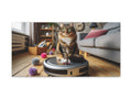 A canvas art depicting a curious cat sitting atop a robotic vacuum cleaner in a cozy living room setting with yarn balls scattered around.