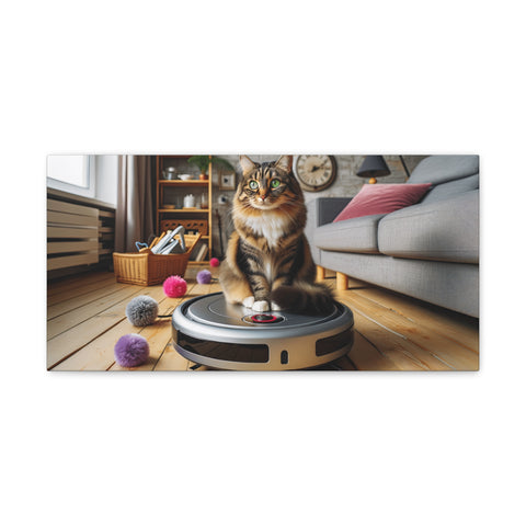 A canvas art depicting a curious cat sitting atop a robotic vacuum cleaner in a cozy living room setting with yarn balls scattered around.